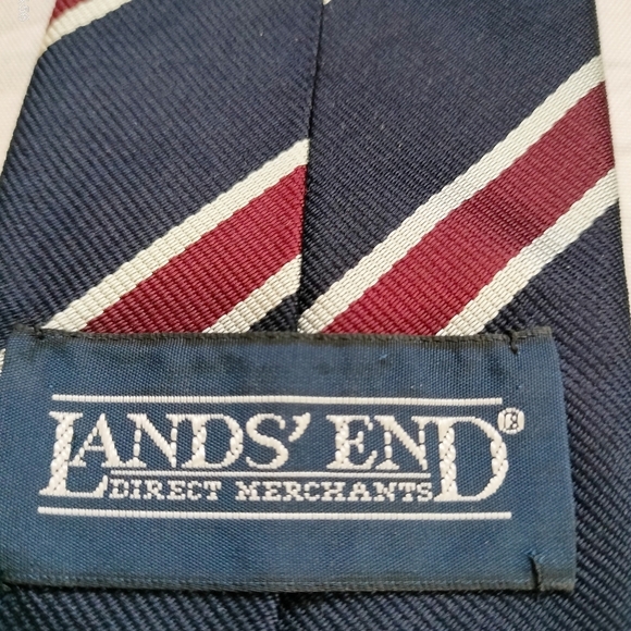 Lands' End Men's Navy, Red, Silver Striped Silk Tie Necktie Repp Handsewn In USA - Picture 5 of 11
